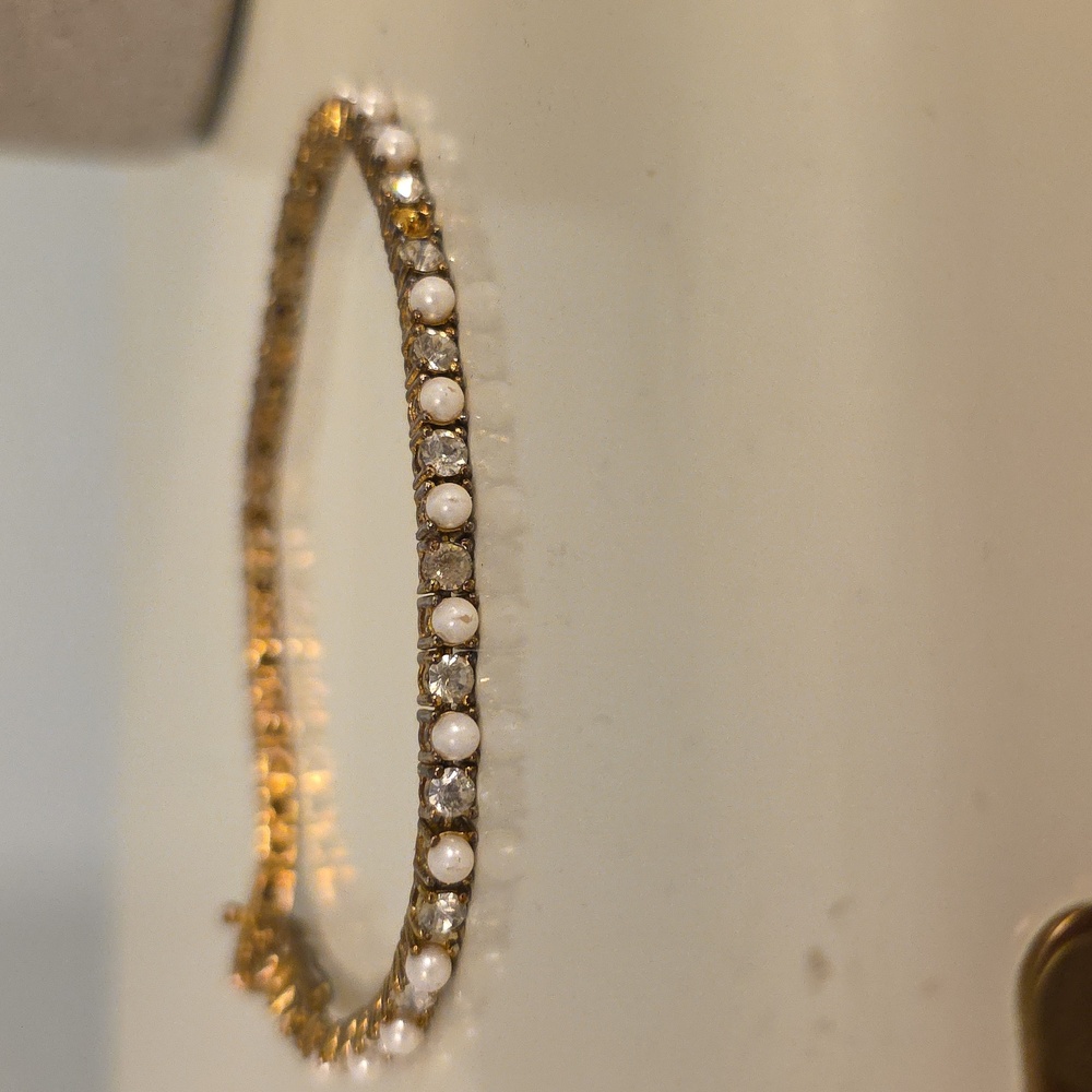 Vintage Gold-Plated Sterling Silver Bracelet Faux Pearls & CZ Accents 925 Clasp